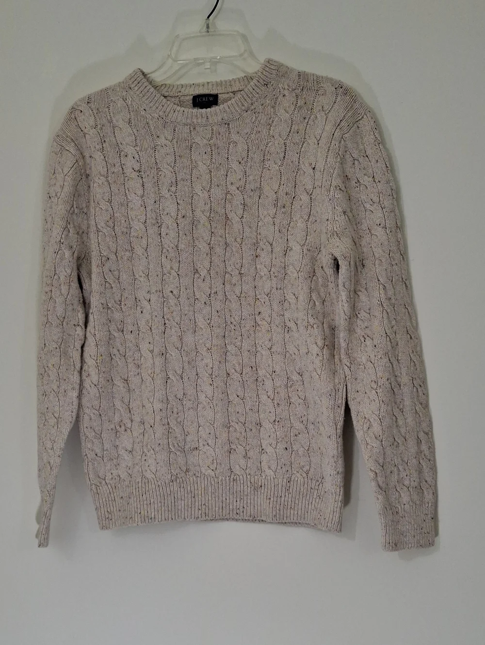 J. Crew Men's Speckled Cream Cable-Knit Crewneck Sweater, Small